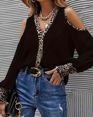 Bluse Off-Skulder Leopard Patchwork Lang Erme