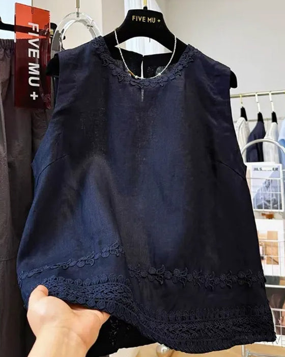 Tank Top Rund Hals Brodert Kant
