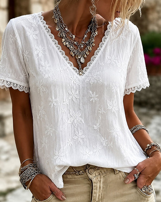 Bluse V-Hals Blonder Kort Erme