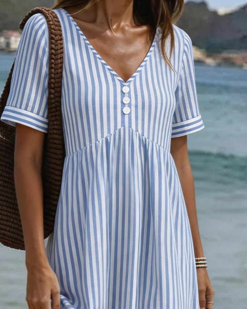 Kjole Vertikal Stripe Babydoll V Hals A Linje