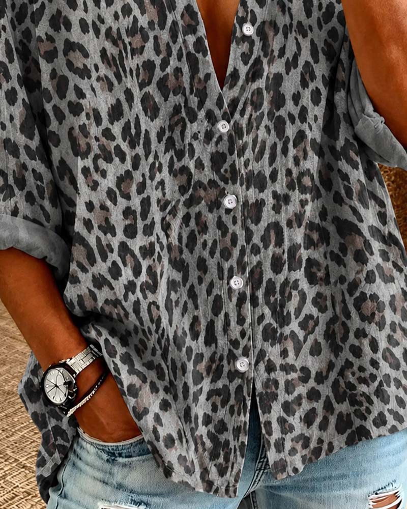 Skjorte V-Hals Knapp Leopard Lang Erme