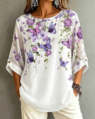 Bluse Rundhalset Sommerfugl Blomstret