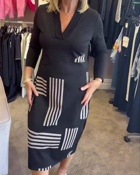 Kjole Geometrisk Stripe V-Hals Bodycon Midi