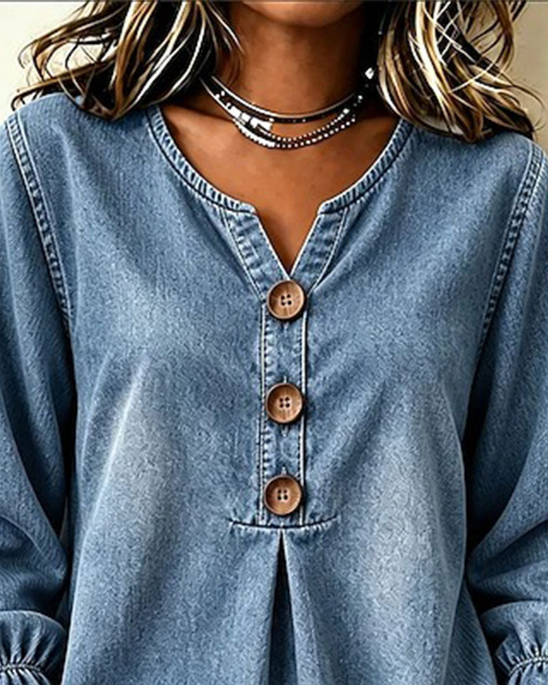 Topp Denim V-Hals Knapp Rysjeerm