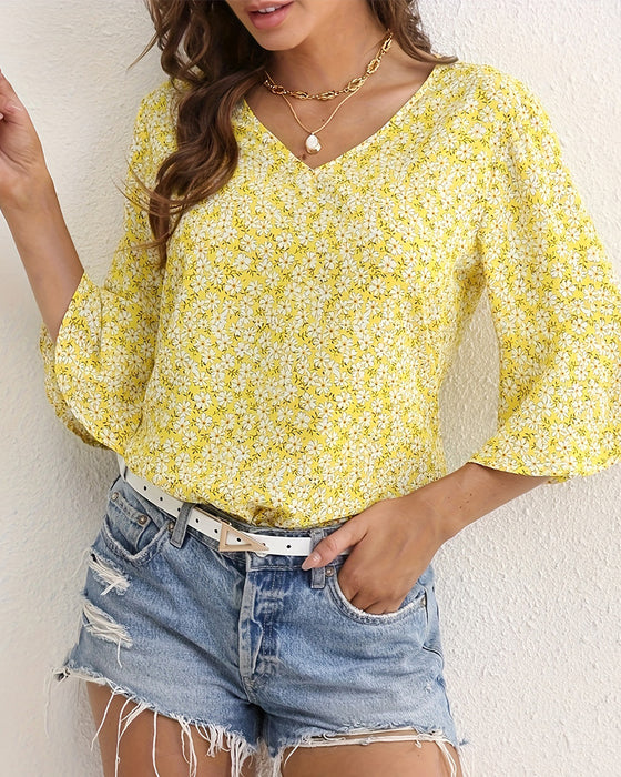 Bluse V-Hals Floral Sommerfugl Erme