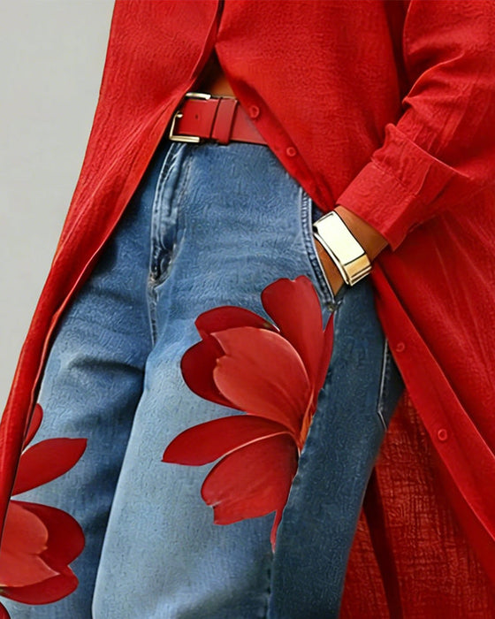 Blomstertrykte Jeans Korte Bredbeinte