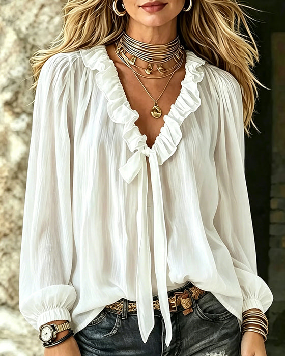 Bluse Ruffle Krave Knyting Lang Erme