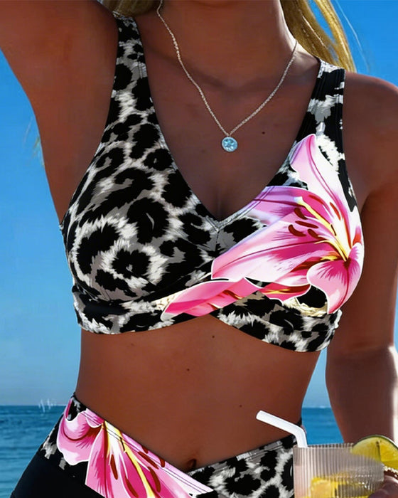 Bikini Leopard Trykk Blomstret Kontrastfarge