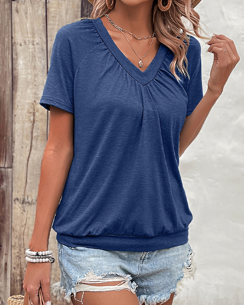 T-Skjorte Casual Plisserte V-Hals