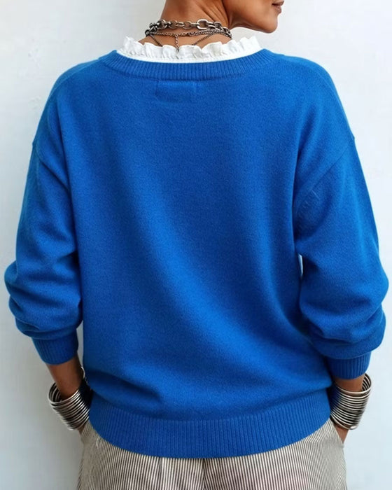 Pullover Faux Todelt V-Hals Blondekant