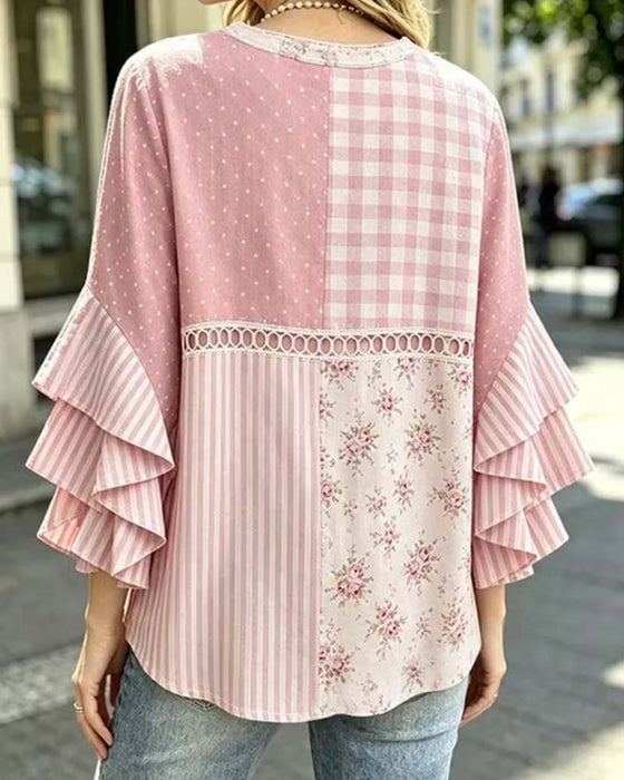 Bluse Dobbelt Lag Ruffle Ermer Stripet Prikket Trykk