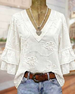 Bluse Tredimensjonal Preget Blomstret V-Hals Utsvinget Erme