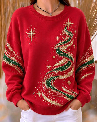 Sweatshirt Juletre Trykk Lang Erme Løs