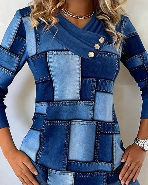 Langermet Topp Med V-Hals Og Kontrast I Helfarge