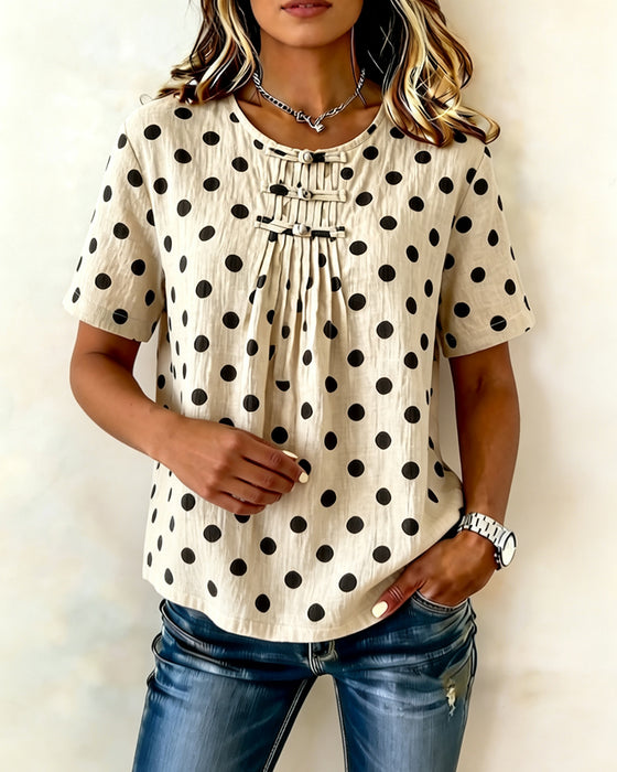 Bluse Polka Dot Frog Button Kort Erme