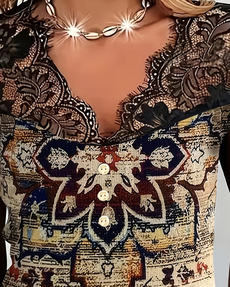 Retro-Bluse Med V-Hals Og Blondekant