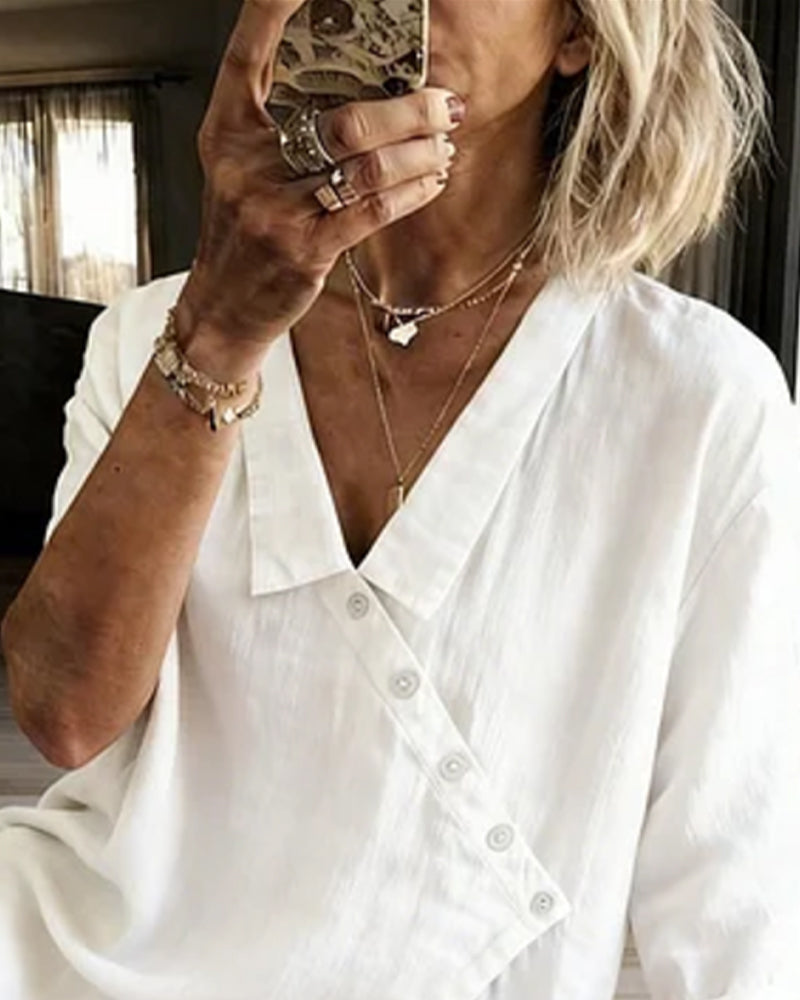 Bluse Med Asymmetrisk Diagonal Knappelukking Og Krage