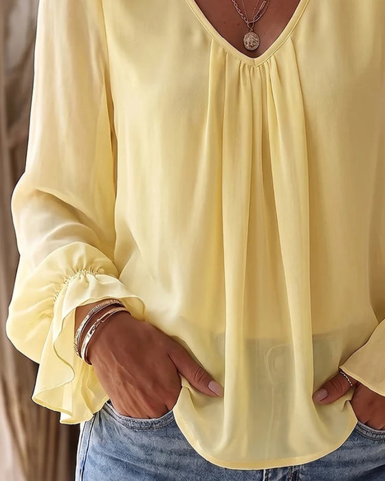Bluse V-Hals Rynket Puffererme Ruffle