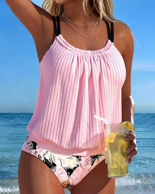 Tankini Spaghetti Stropp Ribbet Trykt Trekantet