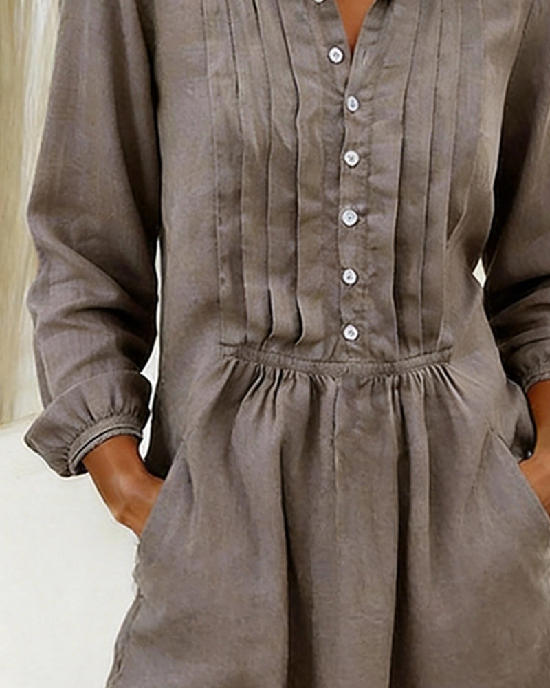 Kjole Ensfarget Puffermet Knapper Ned