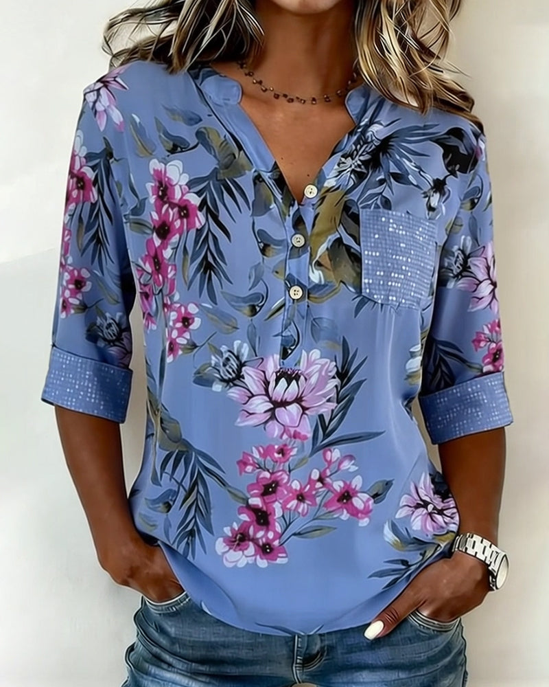 Bluse V-Hals Paljettblomstret