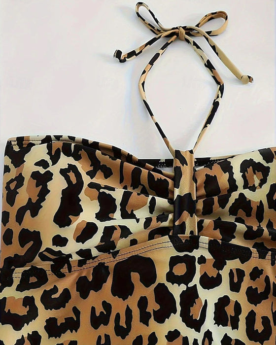Tankini Halterneck A-Linje Leopardmønster Trekant