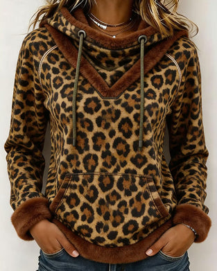 Sweatshirt Leopard Trykk Med Hette Snøring