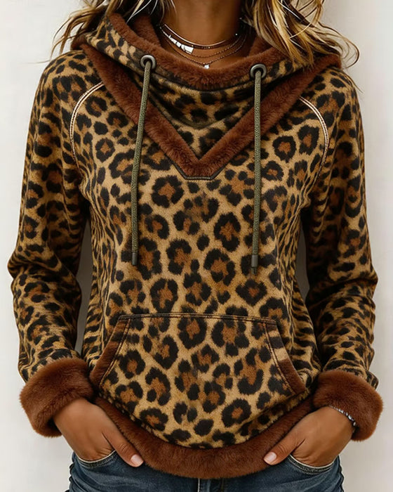 Sweatshirt Leopard Trykk Med Hette Snøring