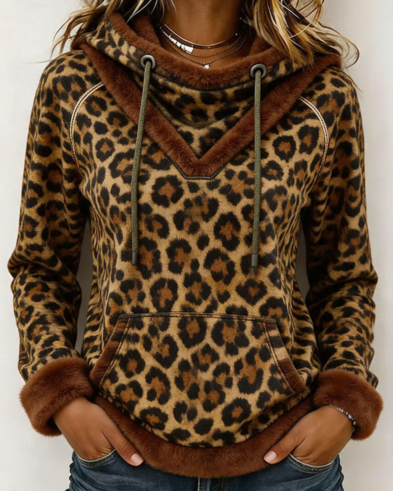 Sweatshirt Leopard Trykk Med Hette Snøring
