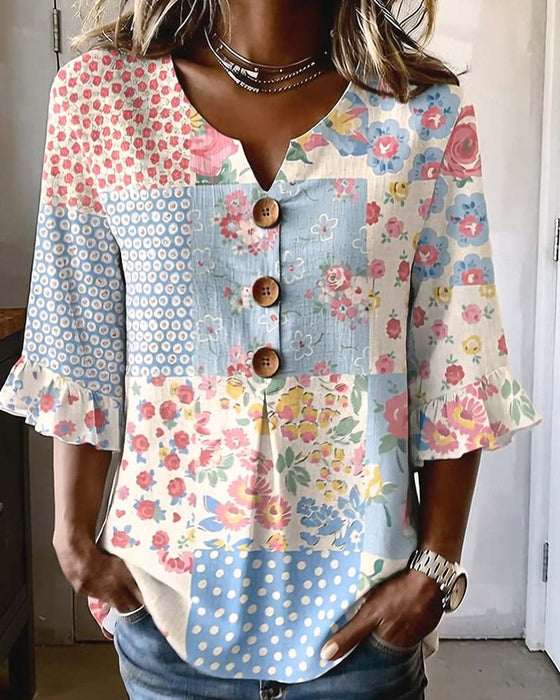 Bluse Kortermet Blomstermønster Lappeteppe