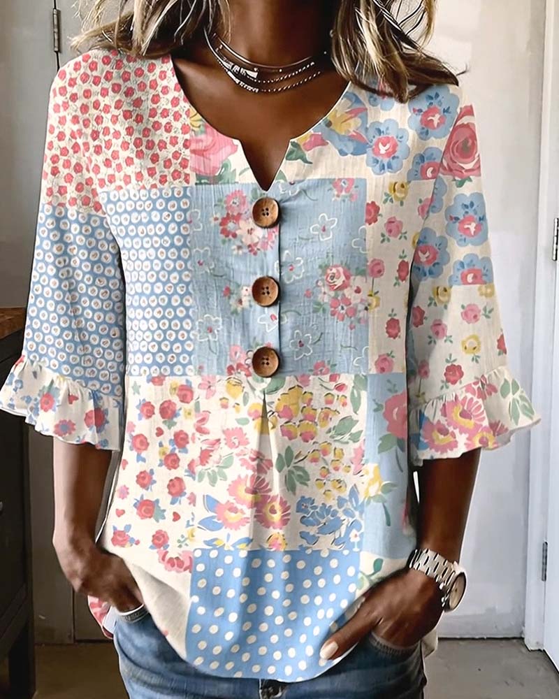Bluse Kortermet Blomstermønster Lappeteppe