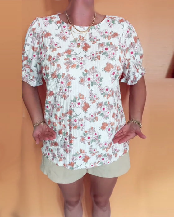 Bluse Rund Hals Blomstret Kort Erme