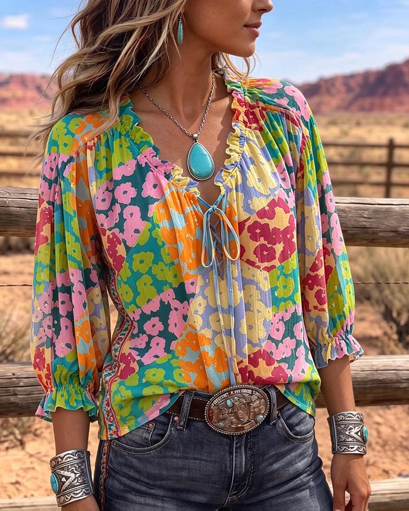 Bluse Blomstret V-Hals Knyt-Foran Puff Erme