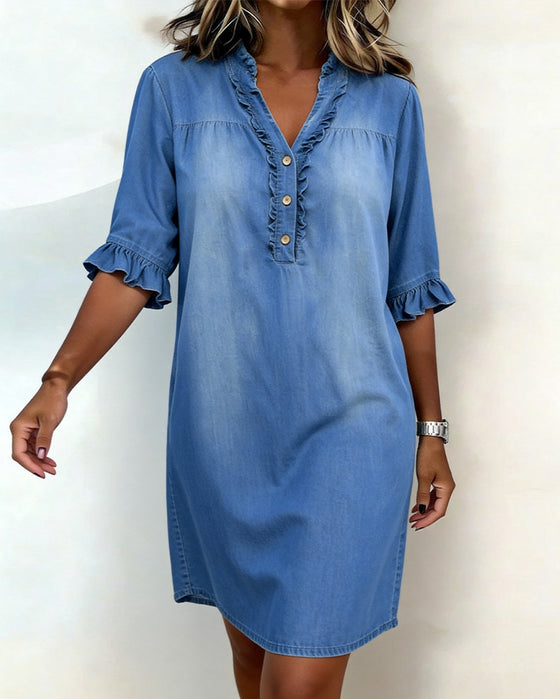 Kjole Ruffle V-Hals Denim