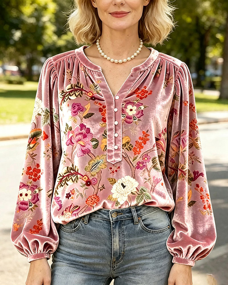 Bluse V-Hals Knapp Drapet Blomstret