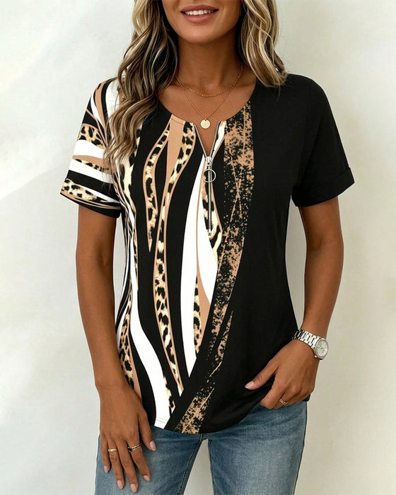 T-Shirt Glidelås Leopard Trykk Fargeblokk Casual