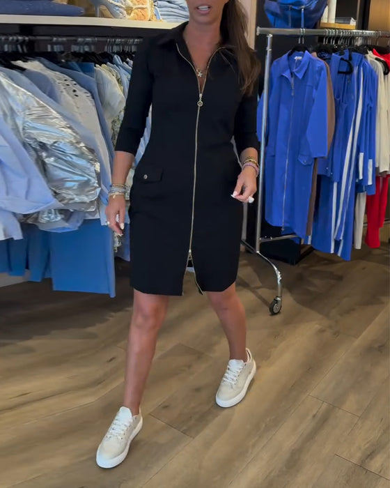 Kjole Krage Ensfarget Glidelås Lang Erme