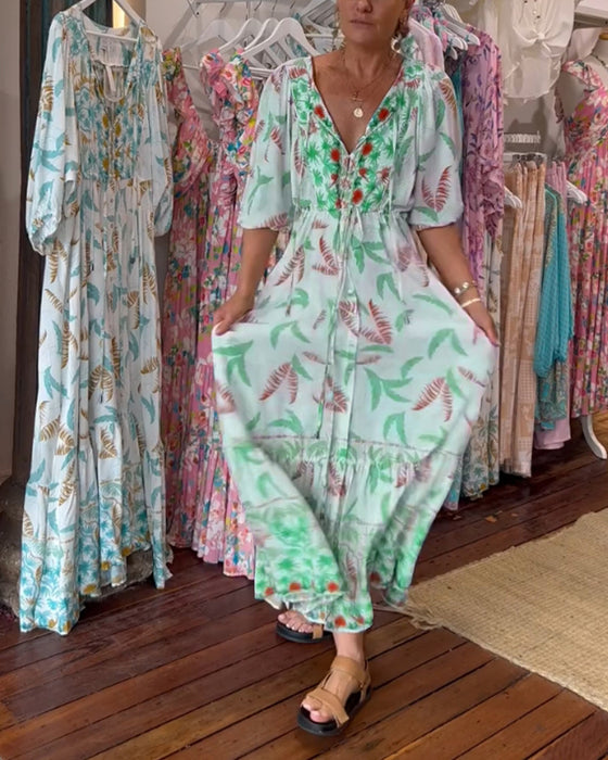 V-hals maxikjole for kvinner