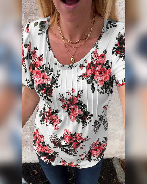 T-Skjorte Med Rund Hals Blomstertrykk Plissért
