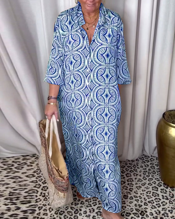 Vintage printet maxikjole med jakkeslag og lomme