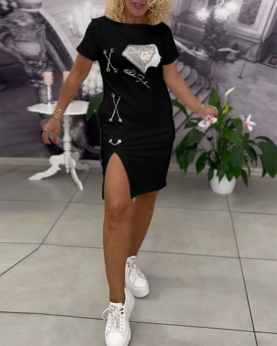 Kjole Trykket Tettsittende Splitt