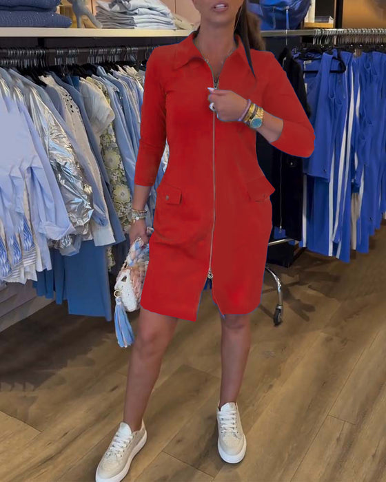 Kjole Krage Ensfarget Glidelås Lang Erme