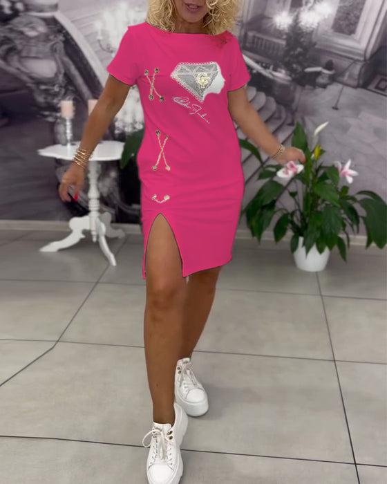 Kjole Trykket Tettsittende Splitt