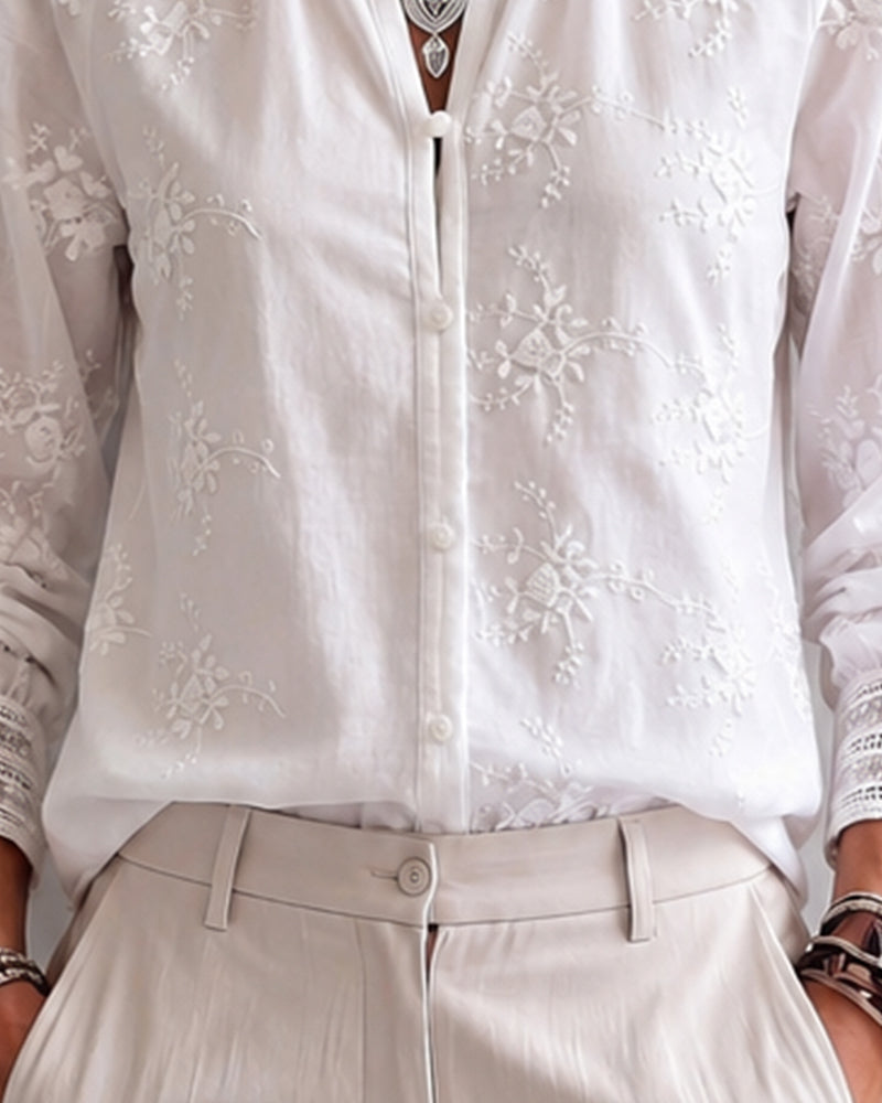 Bluse Ruffle Kant Mandarin Krage