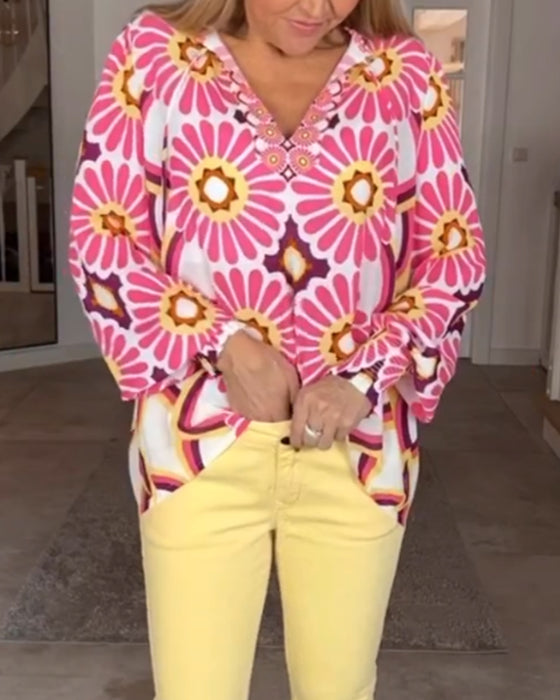 Langermet bluse med geometrisk trykk