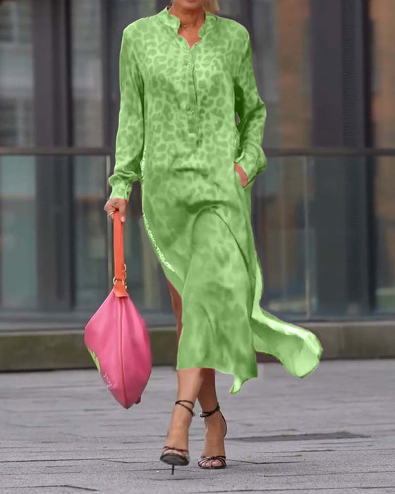 Kjole Langermet Leopardskrift Splitt