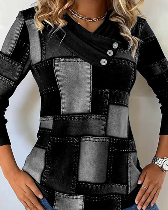 Langermet Topp Med V-Hals Og Kontrast I Helfarge