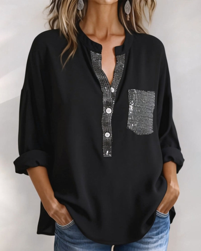 Casual Topp Paljett Patchwork Løs