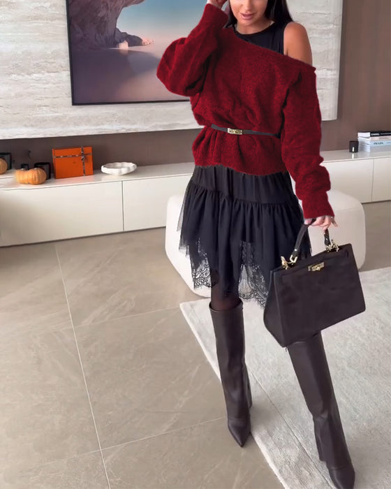 Avskåret Løstsittende Genser & Kniplingskant Kjole