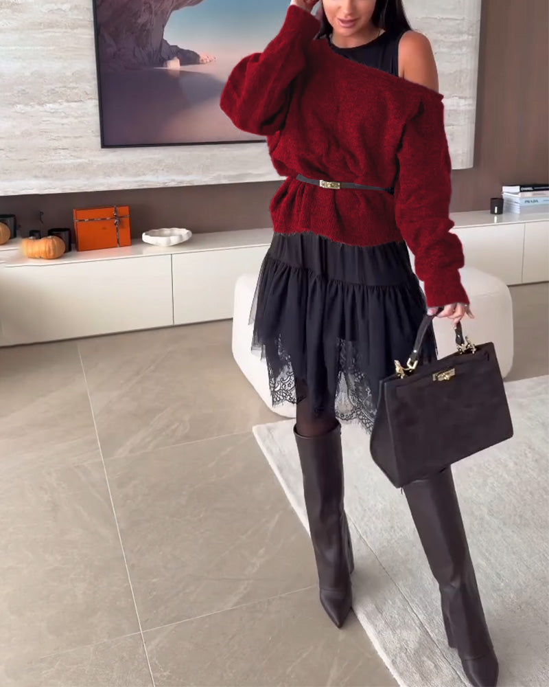 Avskåret Løstsittende Genser & Kniplingskant Kjole